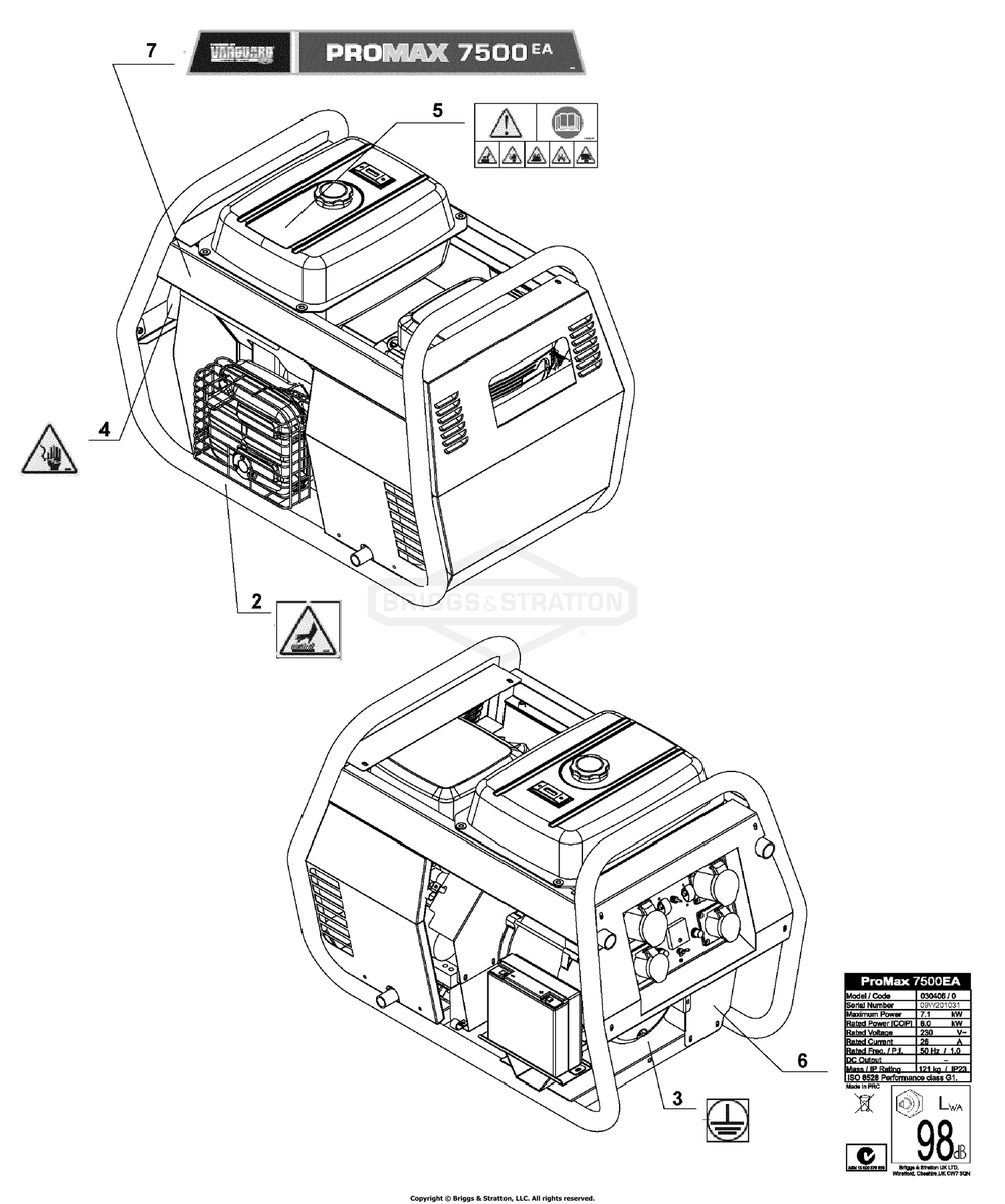 Decals (030404 030405) Diagram and Parts List for 030404-01 7500EA Briggs and Stratton Generator